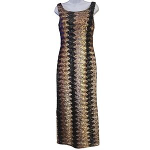 Vintage 1970s Black Gold Sequin Evening Gown Full Length Formal Column Dress